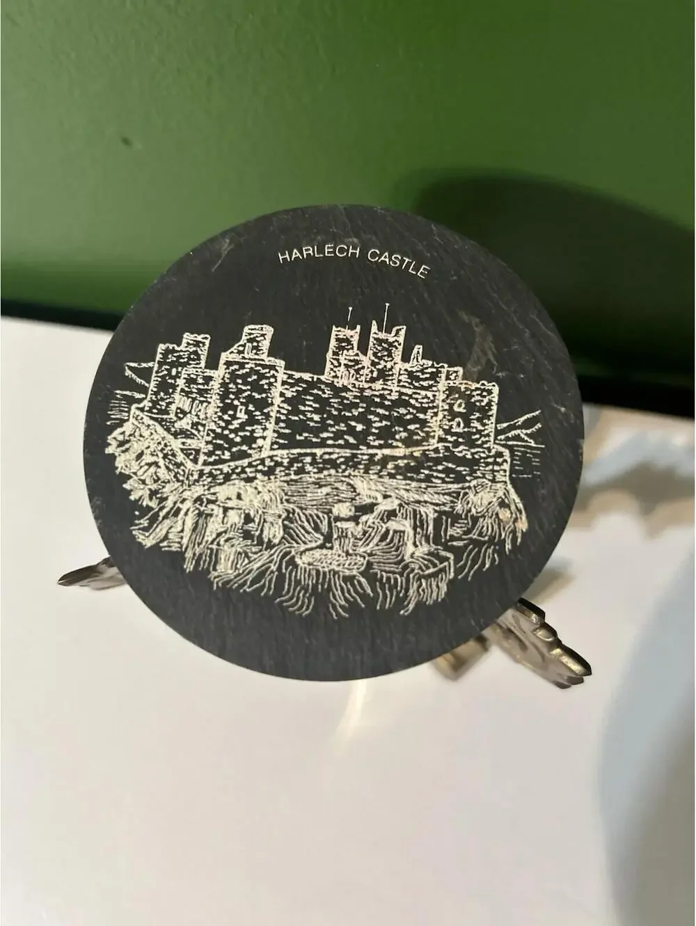 Vintage Welsh Castle Slate Coaster Set+Brass Holder Menai Bridge Harlech Barware
